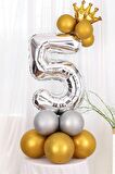 Gümüş Renk 5 Yaş Krom Gold-Gümüş Renkler Altın Taçlı Balon Seti
