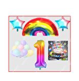 Gökkuşağı Yıldız Makaron Balon Banner Temalı 1 Yaş Doğum Günü Parti Seti