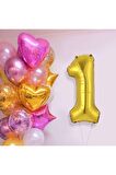 Pembe Gold Kalp Yıldız Rakam Konsept Balon Seti 1 Yaş 