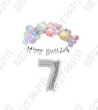Happy Bırthday Yazılı Kaligrafi Banner Makaron Balon Seti 7 Yaş Gümüş Set Doğum Günü