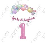 İyiki Doğdun Yazılı Kaligrafi Banner Makaron Balon Seti 1 Yaş Pembe Set Doğum Günü