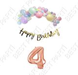 Happy Bırthday Gold Yazılı Kaligrafi Banner Makaron Balon Seti 4 Yaş Rose Gold Set Doğum Günü