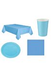 Mavi Masa Örtüsü Bardak Tabak Peçete Seti 16 Kişilik