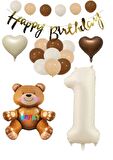 Happy Bırthday Banner Oturan Ayı, Bej Rakam, Kalp Folyo ve Latex Balon Seti Yaş 1