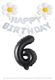 Beyaz Happy Bırthday Set Papatya ve Siyah Rakam Folyo Balon Seti Yaş 6