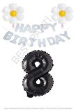 Beyaz Happy Bırthday Set Papatya ve Siyah Rakam Folyo Balon Seti Yaş 8