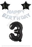 Beyaz Happy Bırthday Set Siyah Yıldız ve Rakam Folyo Balon Seti Yaş 3