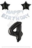 Beyaz Happy Bırthday Set Siyah Yıldız ve Rakam Folyo Balon Seti Yaş 4
