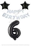 Beyaz Happy Bırthday Set Siyah Yıldız ve Rakam Folyo Balon Seti Yaş 6