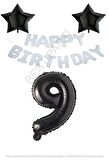 Beyaz Happy Bırthday Set Siyah Yıldız ve Rakam Folyo Balon Seti Yaş 9
