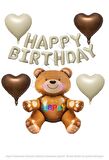 Bej ve Kahverengi Kalp Folyo Balon Oturan Ayı ve Happy Bırthday Folyo Balon Seti