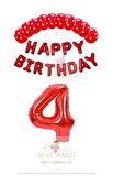 Kırmızı Renk Happy Bırthday Rakam Folyo Balon  Puanlı Balon Seti Yaş 4
