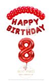 Kırmızı Renk Happy Bırthday Rakam Folyo Balon  Puanlı Balon Seti Yaş 8