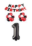 Siyah Kırmızı Happy Bırthday Siyah Rakam Folyo ve Latex Balon Seti Yaş 1