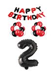 Siyah Kırmızı Happy Bırthday Siyah Rakam Folyo ve Latex Balon Seti Yaş 2