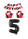 Siyah Kırmızı Happy Bırthday Siyah Rakam Folyo ve Latex Balon Seti Yaş 5