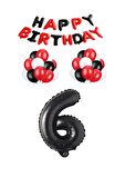 Siyah Kırmızı Happy Bırthday Siyah Rakam Folyo ve Latex Balon Seti Yaş 6