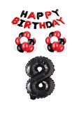 Siyah Kırmızı Happy Bırthday Siyah Rakam Folyo ve Latex Balon Seti Yaş 8