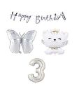 Happy Bırthday Banner Sevimli Kedi Kelebek ve Rakam Folyo Balon Seti Yaş 3