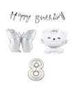 Happy Bırthday Banner Sevimli Kedi Kelebek ve Rakam Folyo Balon Seti Yaş 8