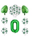 Yeşil Yaprak Baskılı Latex ve Yeşil Rakam Yaprak folyo Balon Seti Yaş 0