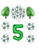 Yeşil Yaprak Baskılı Latex ve Yeşil Rakam Yaprak folyo Balon Seti Yaş 5