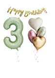 Su Yeşili Renk Rakam Kalp Balon Happy Bırthday Yazılı Doğum Günü Seti Yaş 3