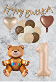 Kum Beji Rakam Kalp Ayıcıklı Folyo Balon Seti Yaş 1