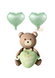 Best Love You Yazılı Retro Yeşil Kalpli Oturan Ayı ve Kalpli Folyo Balon Seti