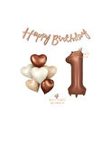 Best Happy Bıthday Yazılı Kahverengi Renk Rakam ve Kalpli Folyo Balon Seti Yaş 1