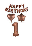 Best Kahverengi Renk Happy Bırthday Rakam Kalp Yıldız Folyo Balon Seti Yaş 1