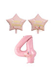 Best Pembe Renk Rakam ve Happy Bırthday Yazılı Yıldız Folyo Balon Seti Yaş 4
