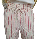 BEYMEN CLUB ORİJİNAL MÜSLİN %100 PAMUK ÇİZGİLİ PUDRA RENGİ GENİŞ KALIP BELİ LASTİKLİ PANTOLON