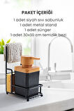 Metal Standlı Süngerli Tekli Siyah Ahşap Akrilik Bulaşık Deterjanı Sıvı Sabunluk 400 ML-Bez Askılığı
