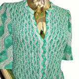 VİSKON YARIM KOL YAZLIK UZUN / MİDİ BİLEK ÜSTÜ DİZ ALTI YEŞİL KREM DESENLİ DOKULU ELBİSE