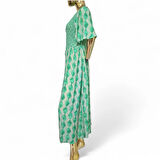 VİSKON YARIM KOL YAZLIK UZUN / MİDİ BİLEK ÜSTÜ DİZ ALTI YEŞİL KREM DESENLİ DOKULU ELBİSE