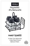 Perla Metal Standlı Peçetelik Hazneli 4'lü Çift Kapaklı Cam Baharatlık Seti - Baharat Takımı Peçetelik