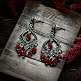 Kırmızı Mercan Doğal Taş Etnik Retro Küpe – El Yapımı Gümüş Kaplama Takı