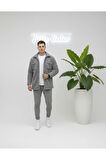 Unisex Pelüş Gri Ceket Ve Gri Eşofman Kombini Alt Üst