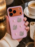 iPhone 17 PRO uyumlu - Kuğu Desenli Taşlı, incili ve Simli Gösterişli Telefon Kılıfı