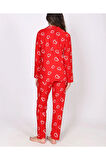 Kalp Desenli %100 Cotton Pamuk Kırmızı Homewear Pijama Takımı