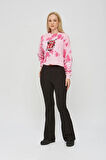 Kadın Pembe Baskılı Sıfır Yaka Oversize Salaş Bol Kesim 3 iplik Kısa Sweatshirt