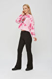 Kadın Pembe Baskılı Sıfır Yaka Oversize Salaş Bol Kesim 3 iplik Kısa Sweatshirt