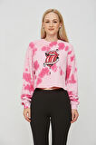 Kadın Pembe Baskılı Sıfır Yaka Oversize Salaş Bol Kesim 3 iplik Kısa Sweatshirt