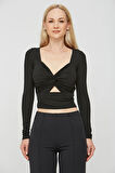 Siyah Lycra Soft Touch Kumaş Önü Düğümlü EsteWoman Body Bluz