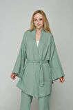 Yeşil Müslin %100 Pamuk Kimono & Pantolon 2 li Takım