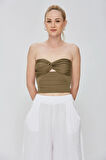 Haki Kumaş Kadın Ultra Soft  Straplez Crop Bluz
