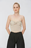 Bej Kumaş Kadın Ultra Soft Straplez Crop Bluz