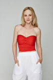 Kırmızı Kumaş Kadın Ultra Soft Straplez Crop Bluz