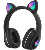QASUL Kedi Kulak Rgb LED Işıklı Kablosuz Bluetooth Kulaklık Mikronlu Hafıza Kartı Girişli Kedi Kulaklık Kedikulaklık